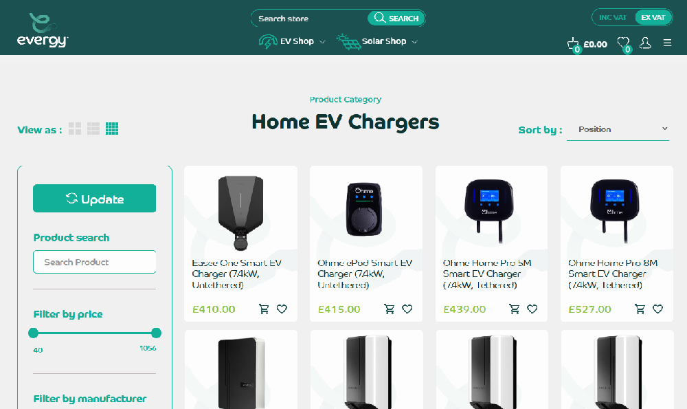 Evergy Home EV Chargers category page featuring Easee and Ohme smart EV chargers with product prices and online shopping options.
